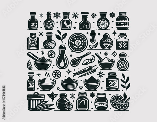 Assorted Spice Bottles and Bowls Vector Logo Design, Various Spice Jars and Bowls Vector Logo