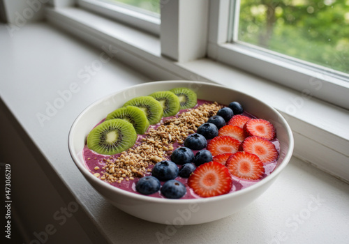 Bowl of fruit and grains on windowsill.