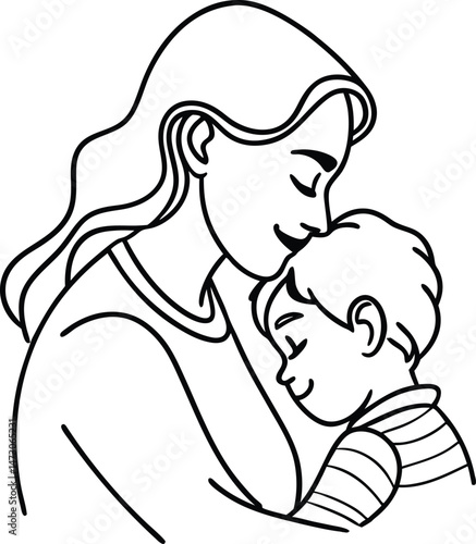 A loving mother embraces her child simple black and white illustration depicting maternal affection and comfort