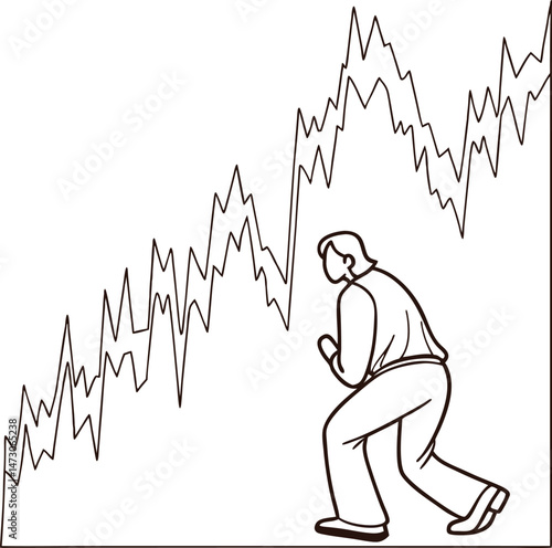 A concerned businessman watching a volatile financial chart depicting market fluctuations and economic uncertainties