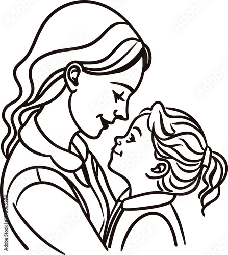 A loving mother and daughter embrace in a black and white line art illustration representing family bonds