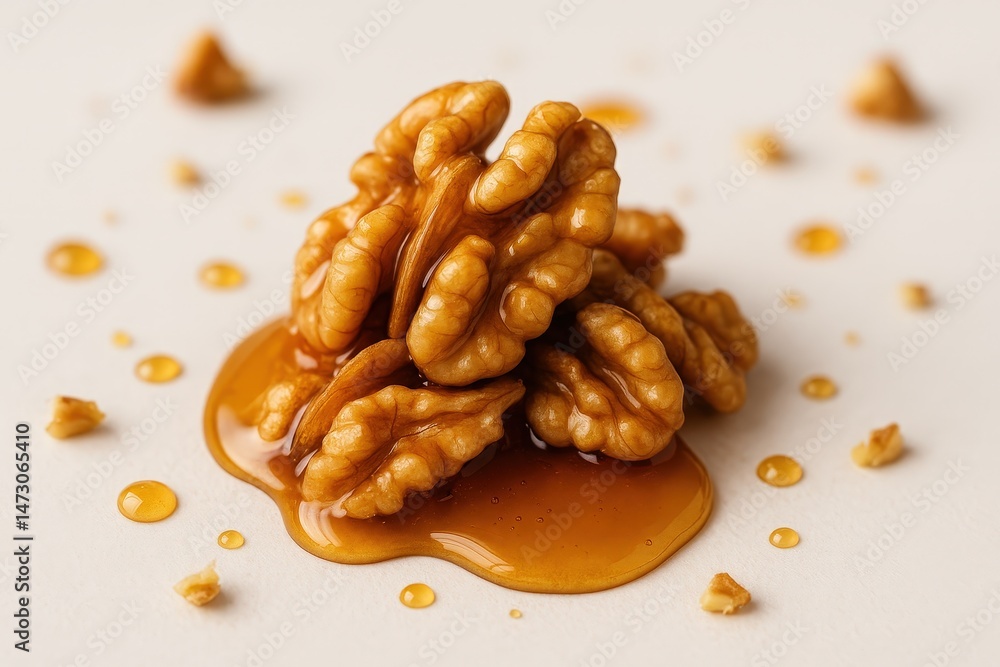 Fototapeta premium Walnut drizzled with honey, close-up, on a light background, macro photography