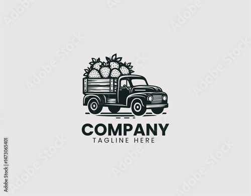 Pickup Truck Carrying Fresh Strawberries Wooden Crates Vector Logo Design, Truck Hauling Fresh Strawberries Wood Boxes Vector Logo