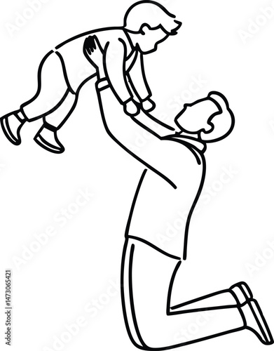 Father lifting his son joyfully in the air black and white sketch depicting paternal love and childhood happiness