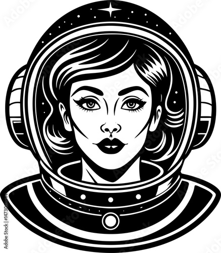 A black and white illustration of a woman astronaut wearing a helmet and space suit.
