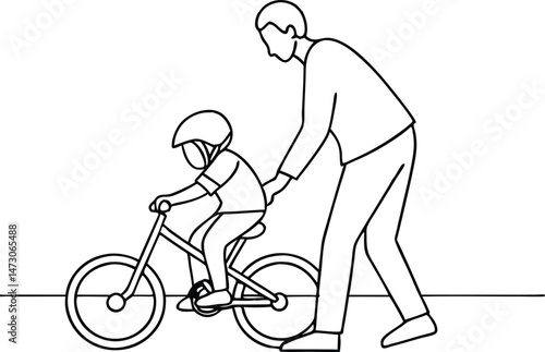 Father helping his son learn how to ride a bicycle outdoors on a sunny day in a simple line art style