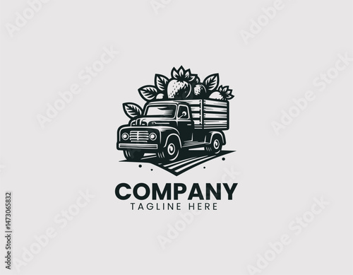 Pickup Truck Carrying Fresh Strawberries Wooden Crates Vector Logo Design, Truck Hauling Fresh Strawberries Wood Boxes Vector Logo