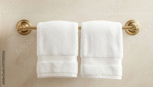 Two white bath towels hanging on a gold towel bar