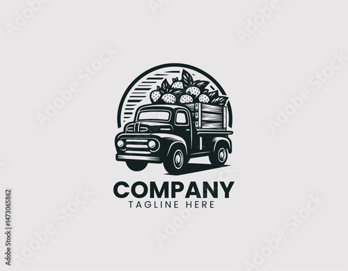 Pickup Truck Carrying Fresh Strawberries Wooden Crates Vector Logo Design, Truck Hauling Fresh Strawberries Wood Boxes Vector Logo