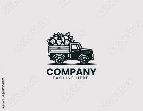 Pickup Truck Carrying Fresh Strawberries Wooden Crates Vector Logo Design, Truck Hauling Fresh Strawberries Wood Boxes Vector Logo