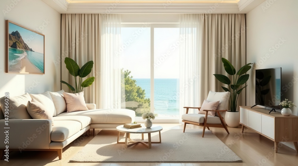 Fototapeta premium Serene Coastal Living Room Design Relaxing Sectional Sofa, Ocean View, and Stylish Decor