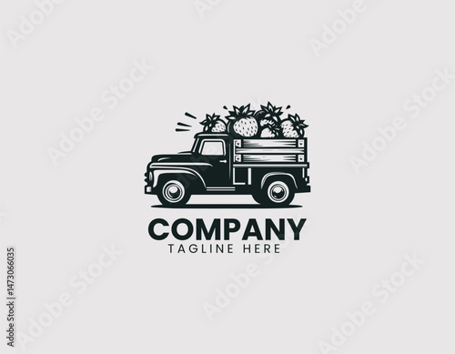 Pickup Truck Carrying Fresh Strawberries Wooden Crates Vector Logo Design, Truck Hauling Fresh Strawberries Wood Boxes Vector Logo