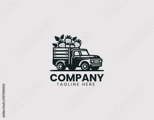 Pickup Truck Carrying Fresh Strawberries Wooden Crates Vector Logo Design, Truck Hauling Fresh Strawberries Wood Boxes Vector Logo