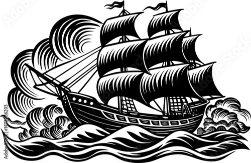 A black and white illustration of a pirate ship sailing through rough waves.