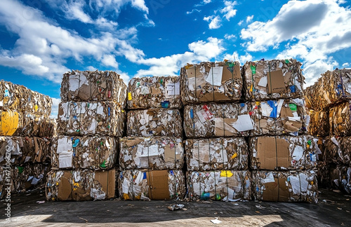 Stacks of compressed recyclable paper and cardboard with cloudy sky background