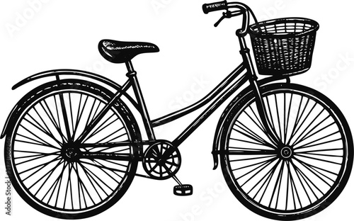 A black and white illustration of a vintage bicycle with a basket over the front wheel.