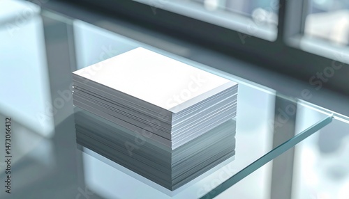Stack of white papers sit on glass table, window behind reflecting city