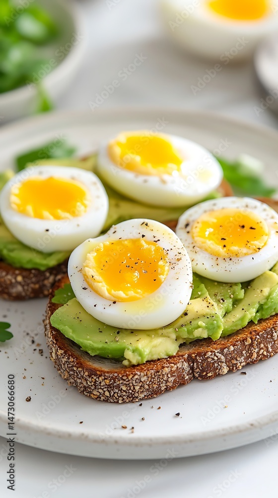 Avocado Toast with Eggs on Plate, Healthy Breakfast Idea, Food Photography, CloseUp Avocado Toast with Eggs on Plate, Healthy Breakfast Idea, Food Photography, CloseUp