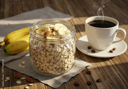 Glass jar filled with oats and bananas.