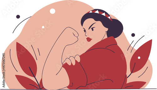 A determined woman flexing her bicep, symbolizing strength, empowerment, and resilience.
