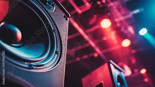Dynamic audio sound system speakers illuminated with captivating vibrant stage lights