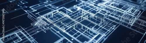 Abstract architectural design featuring a complex arrangement of translucent geometric shapes and lines. creating a modern urban landscape effect in a serene blue background
