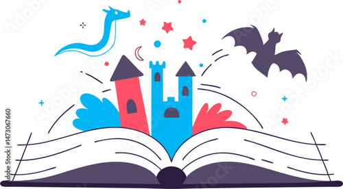An open book with fantastical elements emerging from its pages, including castles, a dragon, stars, and a bat, representing the magic of storytelling and imagination.