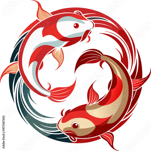 Two stylized koi fish swimming in a circular pattern, resembling the Yin and Yang symbol, representing harmony and balance.