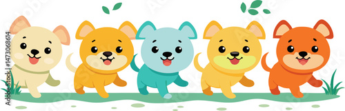 Five adorable and playful cartoon puppies in different pastel colors are happily prancing across a grassy area with scattered leaves.