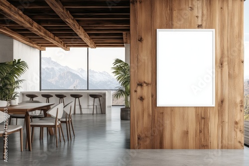 Modern conference room with a large empty canvas on the wall. surrounded by stylish furniture and panoramic windows showcasing a cityscape in the background