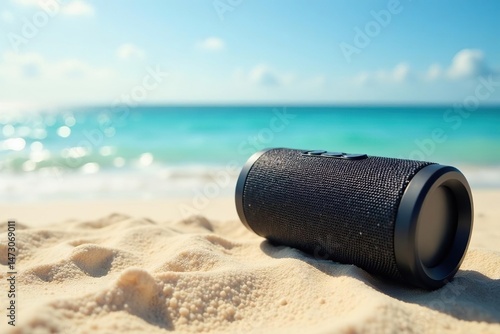 Portable Bluetooth speaker on a sunny beach, sand, ocean in the background , colorful, summer, minimalist