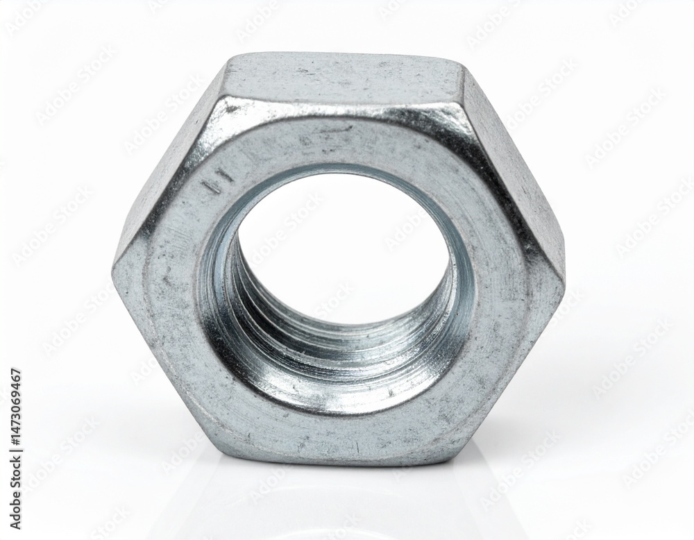 Hex nut, silver-toned, centered on a white background, showing threading in the central hole Hex nut, silver-toned, centered on a white background, showing threading in the central hole