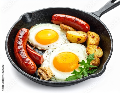 Breakfast skillet sunny-side eggs, sausage, and roasted potatoes in a cast-iron pan