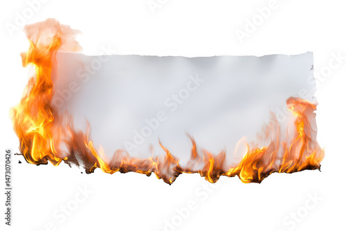 White paper sheet burning from the bottom edge with bright orange flames isolated on a transparent background