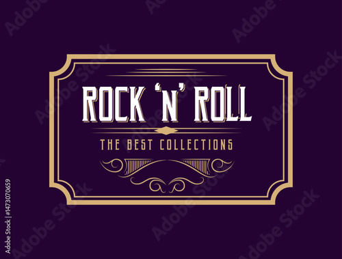 Vintage music badge featuring classic lettering and decorative frames for concert posters or apparel branding themes representing timeless audio entertainment and historical cultural performance
