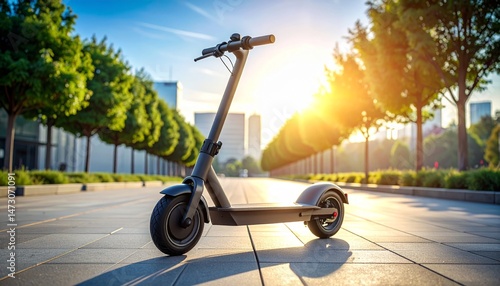 Electric scooter stands alone on a sunlit path lined with trees and buildings