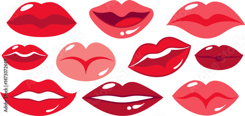 A collection of twelve stylized cartoon lips in various shades of red and pink, some open and some closed, depicting different expressions.