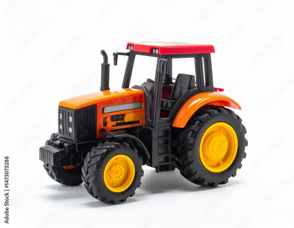 Obraz premium Toy farm vehicle with orange body, yellow wheels, black accents, and red rooftop on white background