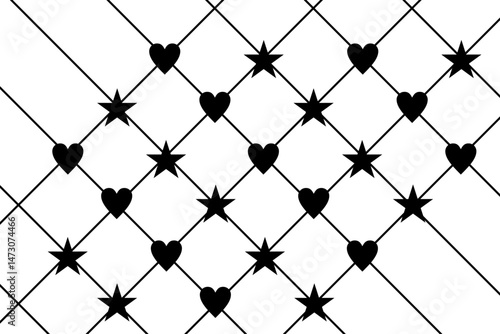 Pattern of black hearts and stars on a white background creates a striking graphic design for various uses