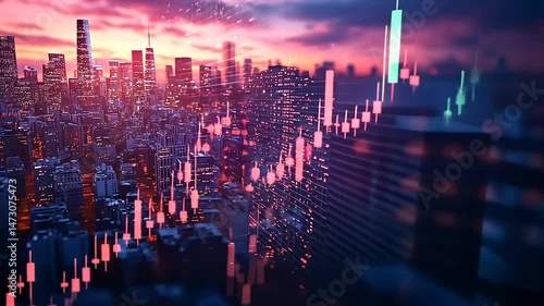 City Skyline with Financial Data Visualization