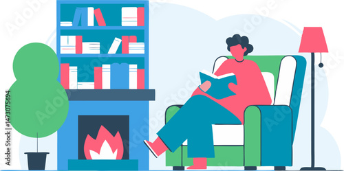 A person is comfortably seated in an armchair, engrossed in reading a book by a fireplace with a bookshelf, creating a scene of relaxation and quiet enjoyment.
