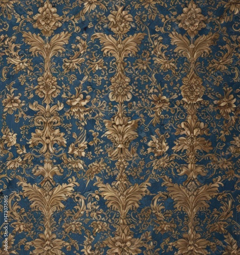 Intricate blue and gold floral damask, seamless repeat  , style, repeat, surface