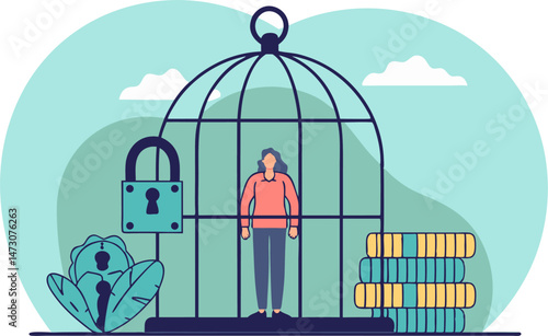 A person stands inside a locked birdcage, while outside, a padlock with a keyhole formed by leaves suggests the potential for release or freedom.
