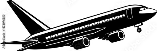 A black silhouette of a passenger airplane taking off or ascending into the sky, with its landing gear retracting.