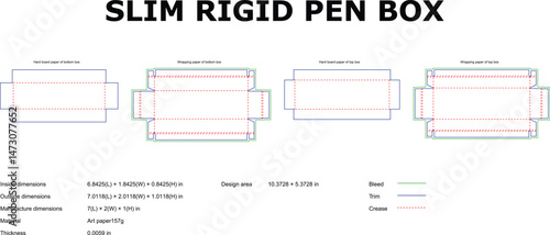 Detailed engineering blueprint illustration of slim rigid pen box with dimensions and folding lines for design purposes