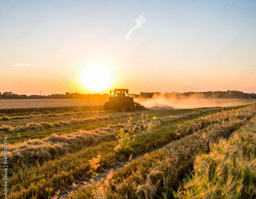 Fototapeta premium Tractor harvesting golden wheat field at sunset. Beautiful rural landscape.