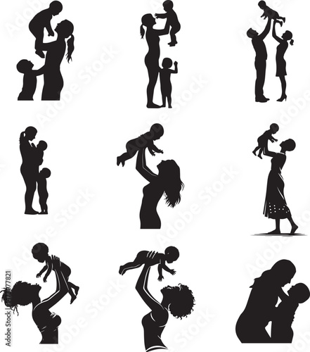 Mother's Day vector silhouette set  of Mother lifting her baby and playing with them