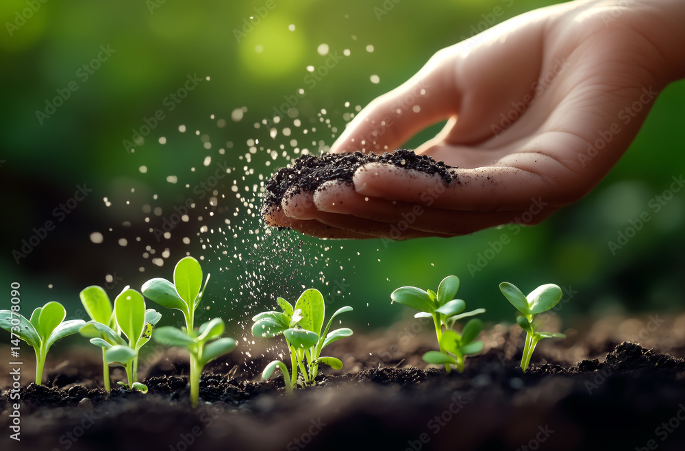 Gardener applies fertilizers to a bed of young plant sprouts Gardener applies fertilizers to a bed of young plant sprouts