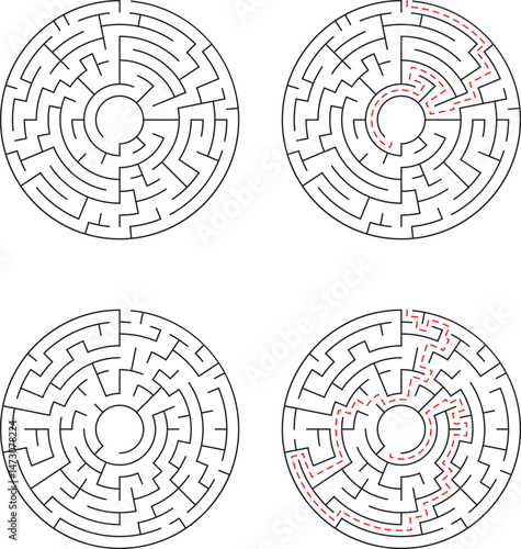Four circular mazes in different stages of completion with two of them displaying the solution path outlined in red color.