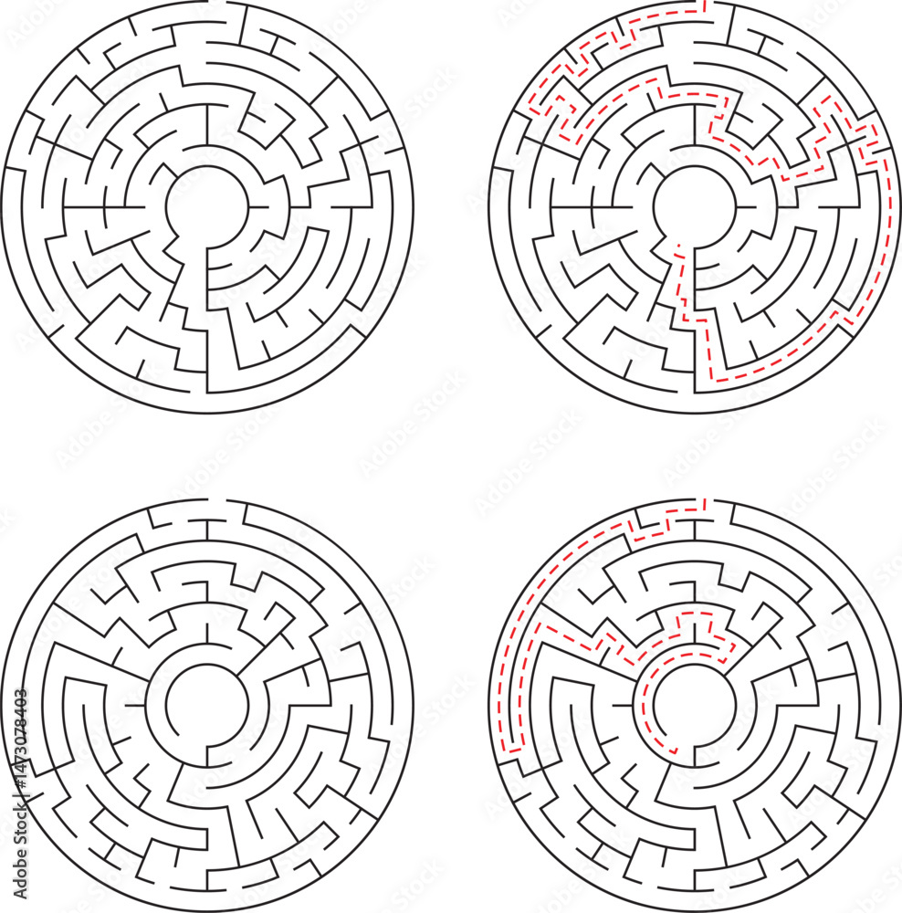 Complex circular maze with solution paths indicated by red dotted lines shown in four different variations Complex circular maze with solution paths indicated by red dotted lines shown in four different variations